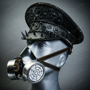 Black Steampunk Captain Cap with Silver Party Gas mask Halloween Costume